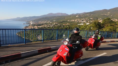 Vespa 300GSs above Opatija on Croatia by Scooter tour with Edwelweiss Bike Travel; copyright Christopher P Baker