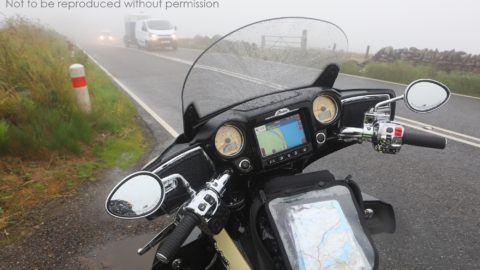 2017 Indian Roadmaster with Ride Command telematic display in the fog, near Berriedale, Scotland; copyright Christopher P Baker