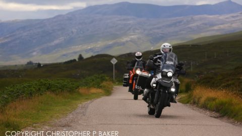 Motorcyclists riding south on the A838 on the NC500 route, Scotland; copyright Christopher P Baker